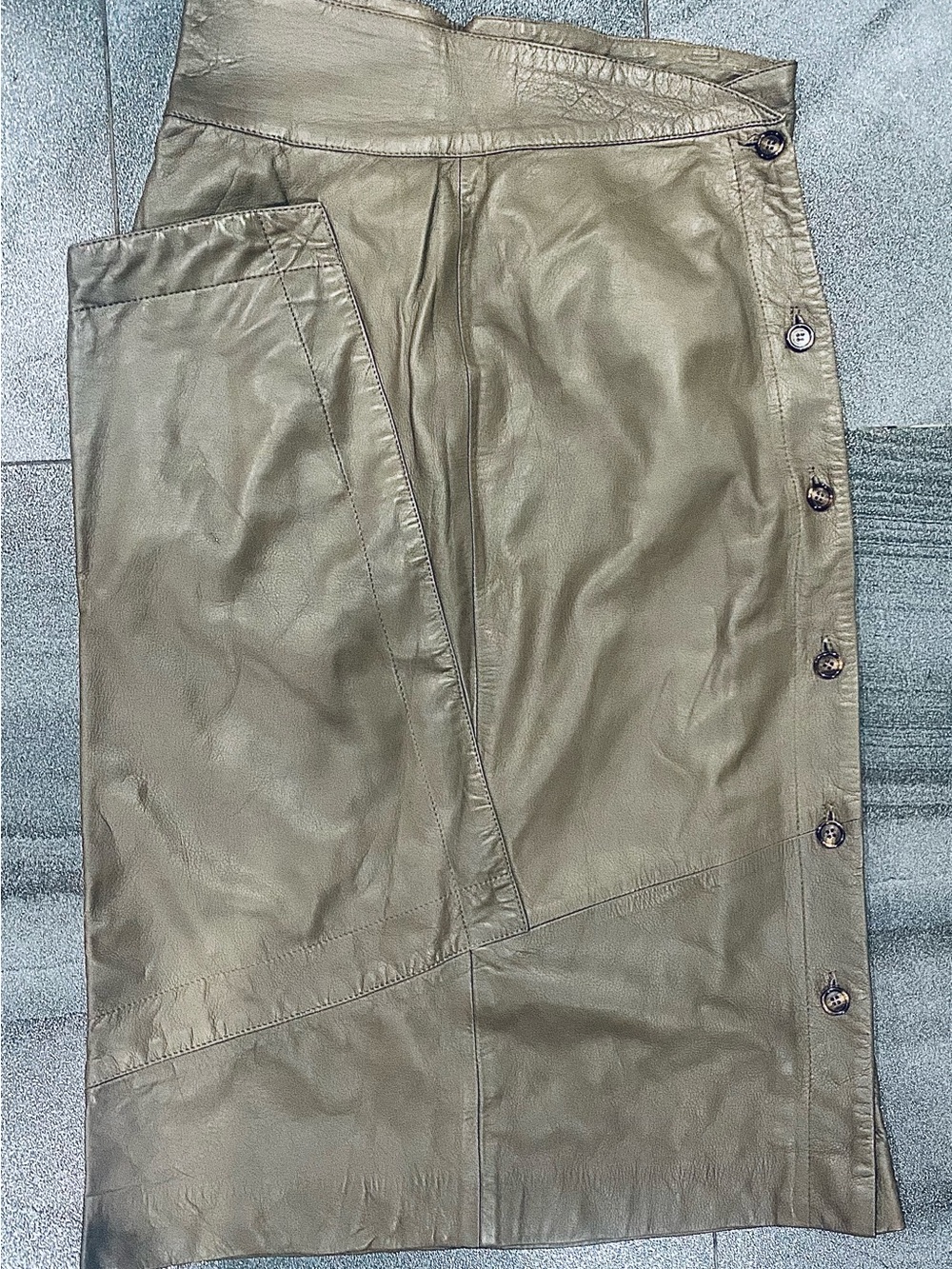 Women’s Vintage Genuine Leather Taupe Button Front Pencil Skirt Italy Sz S